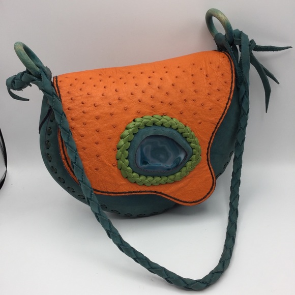 🏜 BOHO Artisan TURQUOISE Ostrich LEATHER Hobo BAG - Picture 2 of 7